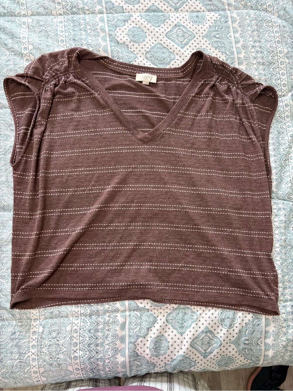 LOFT Brown Striped V-Neck Short Sleeve Tee